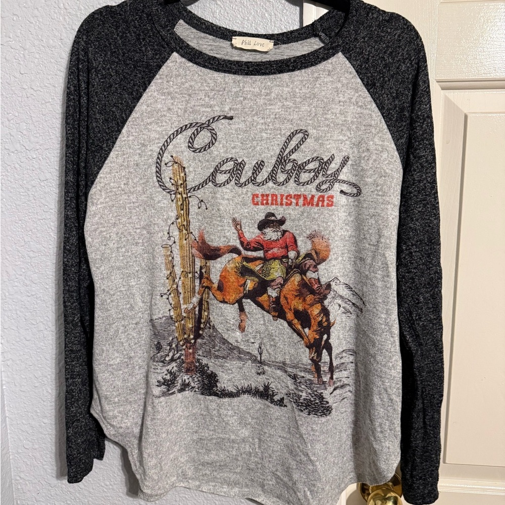 Cowboy Christmas Long Sleeve Tee - Gray and Black